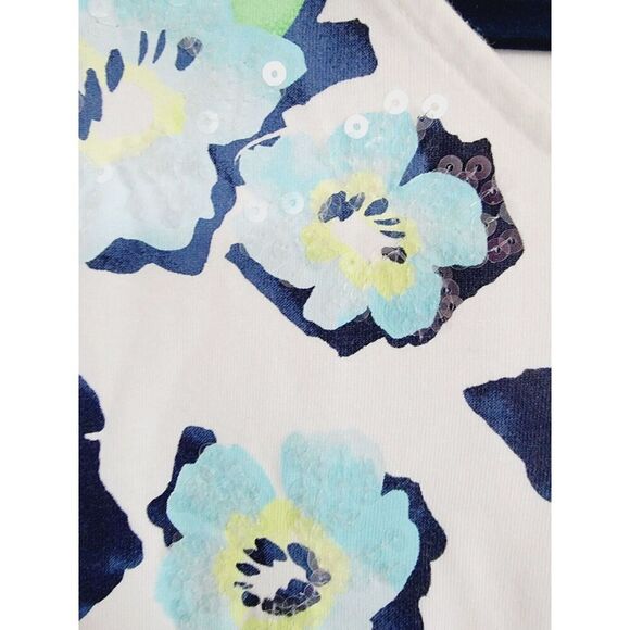 Chico's 2 White Blue Floral T-Shirt Beading Large 3/4 Slv V-Neck Stretch NEW - Picture 4 of 7